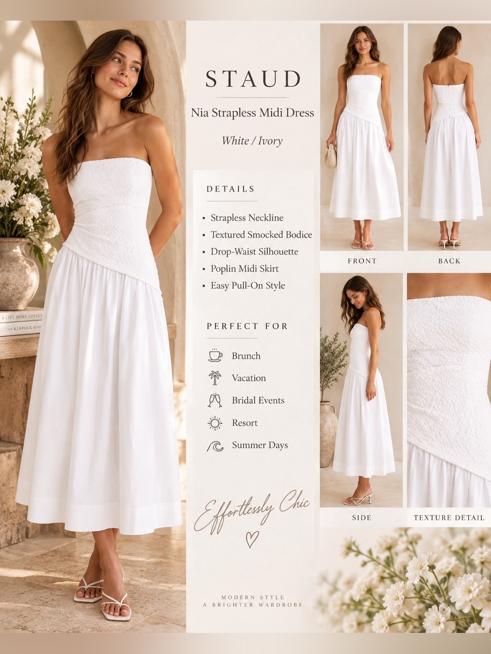 STAUD Nia White Strapless Smocked Drop-Waist Midi Dress NWOT